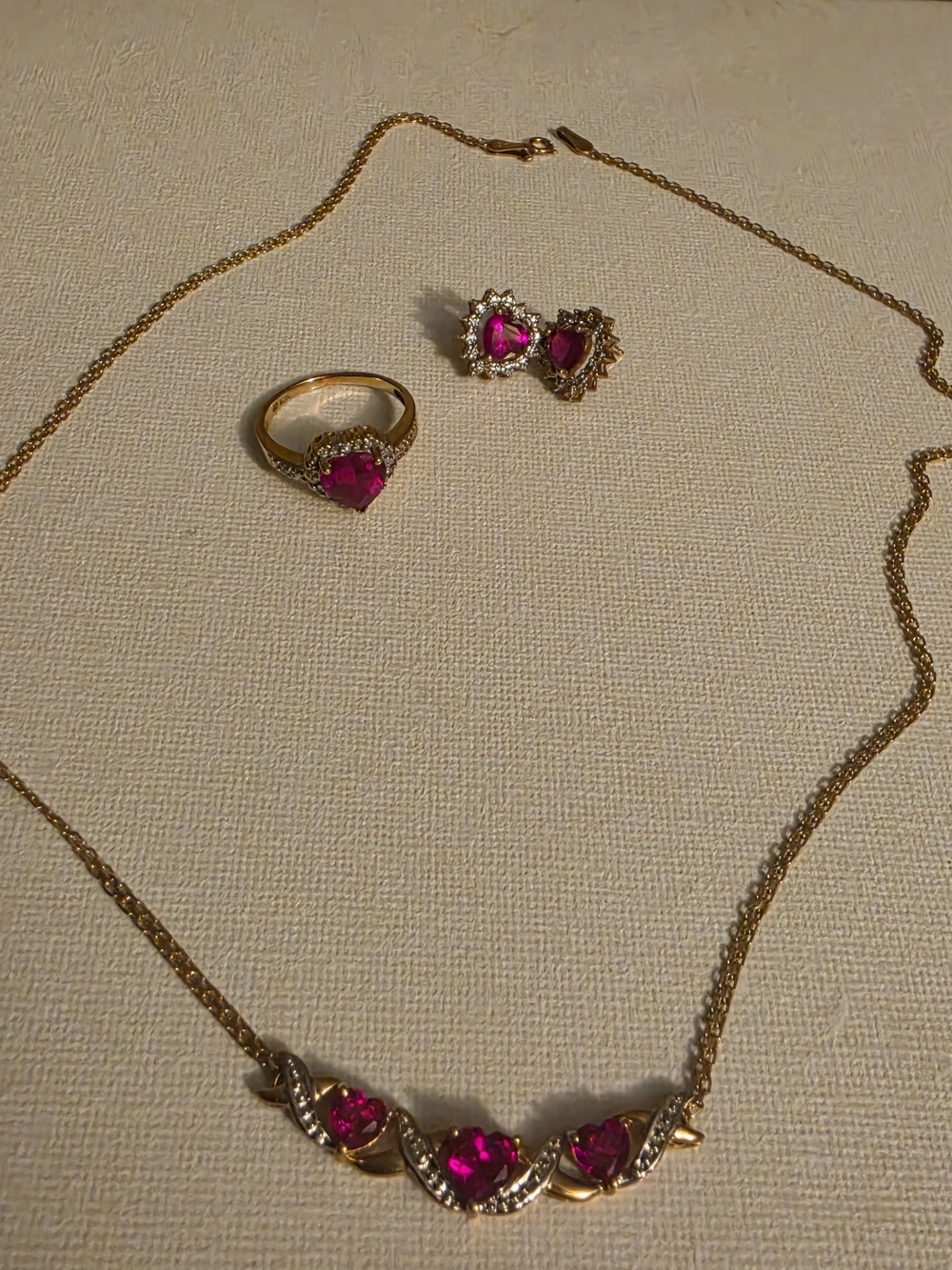 10Kt Yellow Gold Jewelry Set with Lab Created Heart Ruby And Accent Diamonds.